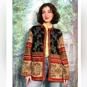 Vintage 90s Sag Harbor Red
Tapestry Button Front House Coat
Jacket Sz 8
